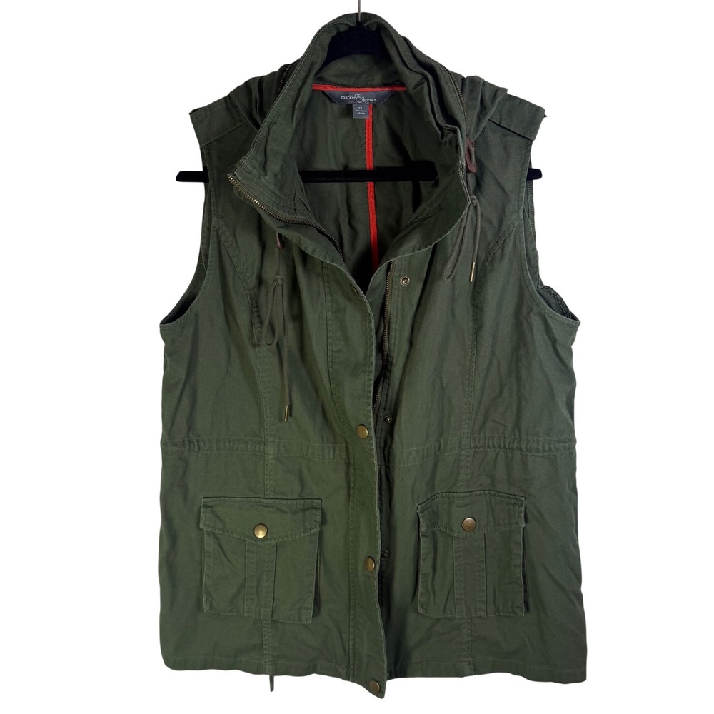 Market & Spruce Womens XL Olive Green Utility Cargo Vest Hooded Cinch Waist